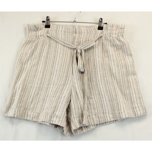 4Our Dreamers Shorts Linen Blend Paperbag Drawstring Metallic Stripe Women L Tan - Picture 1 of 10